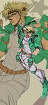  blonde_hair caesar_anthonio_zeppeli facial_mark feathers fingerless_gloves gloves green_eyes green_jacket hair_feathers headband jacket jojo_no_kimyou_na_bouken male_focus projected_inset solo twistxx 