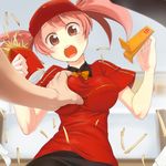 :o blush breast_grab breasts employee_uniform fast_food_uniform food french_fries grabbing hataraku_maou-sama! highres large_breasts looking_at_viewer number_tent open_mouth polo_shirt red_eyes red_hair sasaki_chiho short_hair solo_focus takeda_yukimura tears twintails uniform visor_cap 