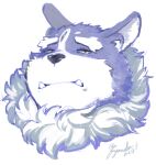  1boy animal_ears bara blue_fur closed_mouth commentary_request extra_ears furry furry_male fuyodo grey_fur huge_eyebrows looking_at_viewer male_focus neck_fur orange_eyes portrait simple_background solo third_eye tokyo_afterschool_summoners tsathoggua_(housamo) tusks twitter_username white_background white_fur 