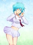  1girl aqua_hair bare_midriff blush cardfight!!_vanguard cyan_eyes cyan_hair female happy looking_at_viewer miniskirt necktie pleated_skirt school_uniform short_hair skirt solo suiko_(cardfight!!_vanguard) tatsunagi_suiko wink 