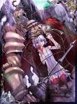  apple armor cage chain dress dutch_angle food fruit highres jewelry necklace pixiv_fantasia pixiv_fantasia_new_world red_eyes short_hair solo stregoicavar thighhighs white_hair zettai_ryouiki 