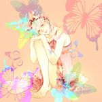  barefoot bug butterfly double_bun dress insect jojo_no_kimyou_na_bouken kuujou_jolyne multicolored_hair oyatsu_itsu solo stone_ocean tattoo two-tone_hair 