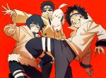  1girl 2boys absurdres aburame_shino akamaru_(naruto) black_pants body_fur brown_hair byakugan coat dog forehead_protector fur-trimmed_jacket fur_trim group_picture highres hood hood_down hood_up hooded_jacket hyuuga_hinata inuzuka_kiba jacket medium_hair multiple_boys naruto naruto_(series) pants pnpk_1013 red_background short_hair simple_background sunglasses veins white_coat white_eyes white_fur white_jacket 