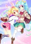  aqua_hair backpack bag bike_shorts blonde_hair bow bowtie cardigan green_eyes grin hair_ornament hair_ribbon hairclip hatsune_miku hug kagamine_rin kneehighs long_hair multiple_girls musical_note ribbon school_bag school_uniform serafuku shorts shorts_under_skirt skirt smile spring_onion star thighhighs twintails very_long_hair vocaloid yellow_eyes yuumare 