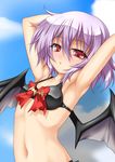  armpits arms_behind_head arms_up bat bat_wings bikini black_bikini blue_sky bow breasts brooch cloud day jewelry navel open_mouth purple_hair red_eyes remilia_scarlet roura short_hair sky small_breasts smile solo swimsuit touhou upper_body wings 