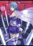  armband blue_eyes blue_hair cape checkered checkered_floor dual_wielding gloves highres holding koruse light_smile looking_back magical_girl mahou_shoujo_madoka_magica miki_sayaka short_hair skirt solo sword thighhighs weapon witch's_labyrinth zettai_ryouiki 