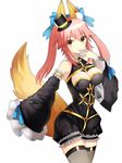  animal_ears ashiwara_yuu bare_shoulders breasts cleavage detached_sleeves fate/extra fate/extra_ccc fate_(series) fox_ears fox_tail hand_to_own_mouth hat large_breasts mini_hat mini_top_hat pink_hair solo tail tamamo_(fate)_(all) tamamo_no_mae_(fate) thighhighs top_hat white_background yellow_eyes 