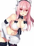  apron arm_garter bad_id bad_pixiv_id bikini_top black_legwear blush bra breasts cleavage detached_collar elbow_gloves gloves headphones hullabaloo large_breasts leaning_forward long_hair looking_at_viewer navel nitroplus open_mouth pink_eyes pink_hair shiny shiny_skin simple_background skindentation solo super_sonico thighhighs underwear waist_apron white_background white_bra white_gloves 