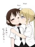  2girls absurdres blonde_hair blue_eyes blush brown_hair fusuma_(suwaru_boom) hair_ribbon highres kill_me_baby kiss long_hair multiple_girls necktie open_mouth oribe_yasuna ribbon school_uniform shirt short_hair simple_background skirt sonya_(kill_me_baby) translation_request twintails white_background yuri 