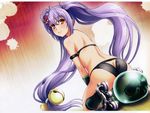  absurdres ass bell bikini blush butt_crack grin hair_bell hair_ornament highres hyakka_ryouran_samurai_girls inline_skates jingle_bell long_hair looking_back naoe_kanetsugu_(hyakka_ryouran) nishii_(nitroplus) purple_hair roller_skates skates smile swimsuit twintails very_long_hair yellow_eyes 