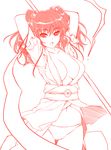  absurdres arms_up breasts hair_bobbles hair_ornament highres large_breasts lineart monochrome no_pants onozuka_komachi open_mouth panties red_eyes red_hair scythe solo touhou tsukumo_kazuita two_side_up underwear 