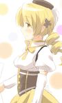  blonde_hair breasts corset detached_sleeves drill_hair gun hair_ornament highres magical_girl magical_musket mahou_shoujo_madoka_magica medium_breasts profile ran_(9ens2000) smile solo tomoe_mami underbust weapon yellow_eyes 