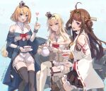  3girls ahoge black_thighhighs blonde_hair blue_capelet blue_eyes blue_overskirt boots breasts brown_hair capelet corset crown cup detached_sleeves double_bun dress earrings flower frilled_skirt frills garter_straps hair_between_eyes hair_bun hairband half_up_braid headgear heart highres himeyamato holding holding_cup holding_saucer holding_spoon holding_teapot japanese_clothes jewelry kantai_collection kongou_(kancolle) kongou_kai_ni_(kancolle) large_breasts long_hair long_sleeves low-tied_long_hair medium_breasts mini_crown multiple_girls necklace nontraditional_miko off-shoulder_dress off_shoulder open_mouth popped_collar purple_eyes red_flower red_rose ribbon-trimmed_sleeves ribbon_trim rigging rose saucer sitting skirt smile spoon tea teacup teapot thigh_boots thighhighs valiant_(kancolle) very_long_hair warspite_(kancolle) white_corset white_dress white_thighhighs wide_sleeves 