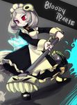  apron bloody_marie_(skullgirls) character_name hair_ornament maid maid_headdress pantyhose red_eyes skull_hair_ornament skullgirls solo tatugon twintails vacuum_cleaner white_legwear 