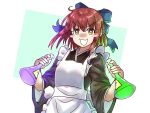  1girl apron black_kimono blue_bow blush_stickers bow breasts dress ebora flask hair_bow highres japanese_clothes kimono kohaku_(tsukihime) long_sleeves looking_at_viewer maid maid_apron open_mouth red_hair short_hair small_breasts smile solo sparkling_eyes tsukihime white_apron yellow_eyes 