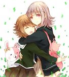  1girl backpack bag crossdressing danganronpa danganronpa_1 flipped_hair fujisaki_chihiro hair_ornament hairclip hood hoodie hug matako monomi_(danganronpa) nanami_chiaki open_mouth orange_hair otoko_no_ko pink_eyes pink_hair pleated_skirt school_uniform skirt smile spoilers super_danganronpa_2 