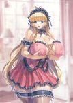  antenna_hair blonde_hair breast_lift breasts cleavage comic_unreal covered_nipples cowboy_shot dress frilled_dress frills garters highres huge_breasts laces long_hair mogudan open_mouth puffy_nipples short_dress solo thighhighs very_long_hair 