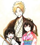  2boys bad_id bad_pixiv_id black_hair blonde_hair brown_eyes closed_eyes dot-dot gintama grin hand_on_another's_head japanese_clothes kimono multiple_boys obi_hajime ponytail shimura_shinpachi shimura_tae short_hair smile white_background younger 