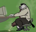 animated anthro balls big_balls big_penis black_hair bodily_fluids chair chunkolilt clothing computer electronics equid equine footwear furniture genital_fluids genitals grumpy hair larger_male loop male mammal necktie office office_chair office_clothing on_chair peeing penis shirt shoes sitting sitting_on_chair size_difference solo sweat sweat_stain sweaty_armpit table tapping_foot topwear typing urine urine_stain zebra