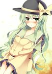  alternate_hair_length alternate_hairstyle blush bow collarbone green_eyes green_hair hat hat_bow hat_ribbon komeiji_koishi kusano_(torisukerabasu) long_hair long_sleeves looking_at_viewer open_mouth petals ribbon shirt skirt solo touhou very_long_hair wide_sleeves 