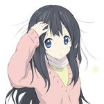  bad_id bad_pixiv_id black_hair blue_eyes core_(mayomayo) hair_down kitashirakawa_tamako long_hair messy_hair scarf solo sweater tamako_market 