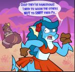 accessory blue_hair bottomwear butt buttsharb clothing dialogue dialogue_box duo english_text female fish flower flower_in_hair hair hair_accessory hi_res jewelry kobold marine markings plant presenting presenting_hindquarters red_bottomwear red_clothing red_skirt running_away scalie shark shark_tail skirt text tribal tribal_jewelry tribal_markings