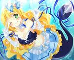  1girl bermuda_triangle blonde_hair bracelet breasts cardfight!!_vanguard cleavage collar frills gloves green_eyes jewelry long_hair mermaid miniskirt monster_girl prism_miracle_canaria ribbon skirt smile solo star stars strapless underwater very_long_hair water wink 