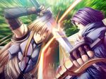  1boy 1girl alfia_flux blonde_hair fighting game_cg mashou_no_nie purple_hair sword weapon 