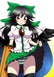  arm_cannon black_hair blush bow cameltoe cape hair_bow kochouka long_hair open_mouth panties pantyshot red_eyes reiuji_utsuho simple_background skirt skirt_lift solo third_eye touhou underwear weapon wings 