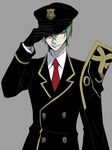  arin66 blazblue evil_smile formal gloves green_hair hat hazama highres male_focus military military_uniform necktie peaked_cap smile solo suit uniform yellow_eyes 