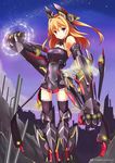  animal_ears armor bodysuit breastplate crystal_gate fatkewell fox_ears gauntlets huge_weapon leotard looking_at_viewer machinery orange_hair power_fist purple_eyes purple_legwear robot_ears standing star thighhighs weapon zettai_ryouiki 