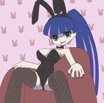  absurdres alternate_hairstyle animal_ears bare_shoulders black_nails blue_eyes blue_hair bow bowtie breasts bunny_ears bunnysuit detached_collar fishnets highres jadf large_breasts long_hair multicolored_hair nail_polish no_panties panty_&amp;_stocking_with_garterbelt ponytail purple_hair sitting solo spread_legs stocking_(psg) thighhighs two-tone_hair very_long_hair 