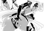  breasts dark_skin from_behind gloves greyscale hand_on_ass hijiri large_breasts looking_back monochrome sweat t-elos underboob xenosaga xenosaga_episode_iii 