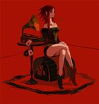  artist_name asching bare_shoulders belt black_eyes boots crossed_legs dated dress earrings hand_on_leg heart high_heels holding hoop_earrings jewelry long_hair original phonograph record red_background red_hair shoes short_dress simple_background sitting solo spade_(shape) table tattoo 