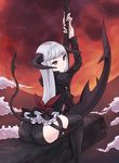  ass copyright_request demon_girl demon_tail horns kazuoki long_hair looking_back red_eyes sickle solo straddling tail thighhighs white_hair 