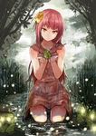  animal character_request cupping_hands danann dress flower frog grass hair_flower hair_ornament holding kneeling long_hair orange_eyes original rain red_hair sleeveless solo tree water wet wet_clothes 