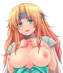  blonde_hair blush breasts breasts_outside cape celes_chere choker epaulettes final_fantasy final_fantasy_vi green_eyes hasu_(hk_works) headband large_breasts long_hair looking_at_viewer nipples open_mouth solo sweat white_background 