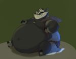  anthro badger belly belly_overhang big_belly big_butt black_fur butt clasp cloak clothed clothing faudka foot_wraps fur green_eyes hand_wraps hyper hyper_belly jewelry male mammal moobs morbidly_obese mustelid navel obese obese_male overweight overweight_male sitting smile solo thick_thighs white_fur wraps 