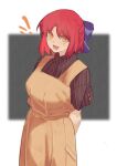  1girl :d absurdres apron arms_behind_back black_background blue_bow blurry blurry_background bow breasts commentary english_commentary ezekquel highres kohaku_(tsukihime) medium_hair red_hair simple_background smile solo tsukihime two-tone_background white_background yellow_apron yellow_eyes 