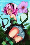  ass bad_id bad_pixiv_id bare_shoulders bloomers detached_sleeves dress flower from_behind hairband looking_back momo_velia_deviluke open_mouth panties pink_eyes pink_hair pussy_juice pussy_juice_stain short_hair short_twintails solo striped striped_legwear tail tears thighhighs to_love-ru twintails underwear wet wet_bloomers wet_clothes wet_panties yuemanhuaikong 