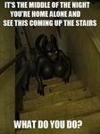  big_breasts black_fur breasts canine dialog dog english_text female from_above fur image_macro looking_at_viewer mammal nipples nude purevil room shiny solo stairs text 