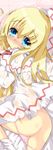 :&lt; ass bathroom blonde_hair blue_eyes blush bottomless capelet dress hat highres lily_white long_sleeves looking_at_viewer looking_back lying milkpanda on_side panties panty_pull pink_panties see-through solo touhou underwear wet wet_clothes wet_dress wet_hair white_dress 