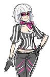 black_gloves bob_cut breasts cleavage eyewear_on_head gloves hand_on_hip maniacpaint medium_breasts my_little_pony my_little_pony_friendship_is_magic neckerchief personification photo_finish puffy_sleeves sketch smile solo striped sunglasses vertical_stripes white_hair 