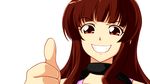  brown_hair grin hidaka_mai idolmaster idolmaster_dearly_stars parody red_eyes smile solo tohoho_(hoshinoyami) yuu-gi-ou yuu-gi-ou_5d's 