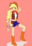  applejack blonde_hair boots cowboy_hat freckles fringe_trim full_body green_eyes hand_on_headwear hat long_hair low-tied_long_hair midriff miniskirt my_little_pony my_little_pony_friendship_is_magic no_nose personification pink_background sideways_glance skirt sleeveless solo thigh_strap tmrn vest 
