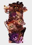  1boy 5girls absurdres an_jieru bad_link beanie black_hair closed_mouth cyn_(murder_drones) fangs frown grey_hair hat highres humanoid_robot j_(murder_drones) magic mechanical_arms multiple_girls murder_drones n_(murder_drones) nori_(murder_drones) purple_eyes purple_hair robot smile sword twitter_username upper_body uzi_(murder_drones) v_(murder_drones) weapon white_background yellow_eyes 