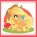  apple applejack blonde_hair copyright_name cowboy_hat food freckles fruit green_eyes hat lowres my_little_pony my_little_pony_friendship_is_magic no_humans pony rainbow solo tail yacchimonee 