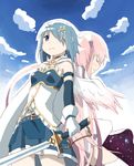  armband back-to-back belt blue_eyes blue_hair bow cape cloud dress frown gloves hair_bow hair_ornament hair_over_one_eye hairclip kaname_madoka long_hair magical_girl mahou_shoujo_madoka_magica mahou_shoujo_madoka_magica_movie miki_sayaka multiple_girls nao-08 pink_hair short_hair short_twintails sky smile soul_gem spoilers twintails ultimate_madoka wings 