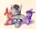  big_macintosh_(mlp) blonde_hair button doll duo equine female feral fight friendship_is_magic fur green_eyes hair horn horse lagomorph mammal multi-colored_hair my_little_pony plain_background pony purple_eyes purple_fur rabbit smartypants_(mlp) twilight_sparkle_(mlp) white_background 