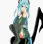  aqua_hair detached_sleeves green_eyes hatsune_miku kaiman long_hair musical_note nail_polish necktie open_mouth sitting skirt solo thighhighs twintails very_long_hair vocaloid white_background 